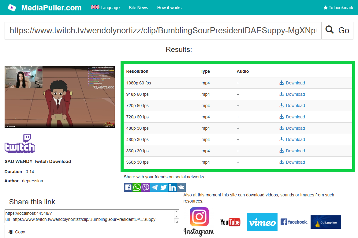 Analysez le lien Twitch Coller le lien Twitch dans MediaPuller