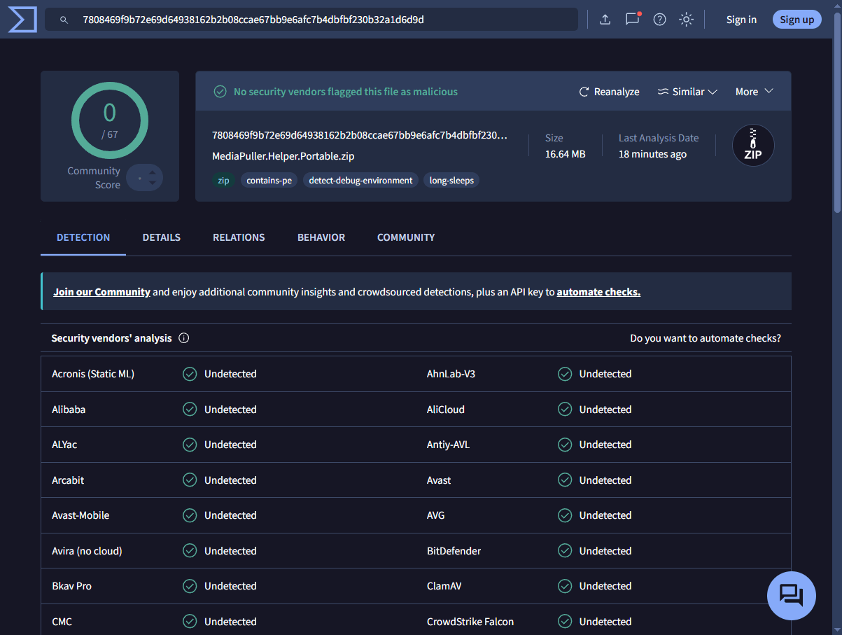 VirusTotal report showing zero detections for MediaPuller Helper Portable